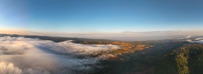 Aerial Drone Shot of mist in Valley with sunset and view of coastal town and trees and buildings early morning	