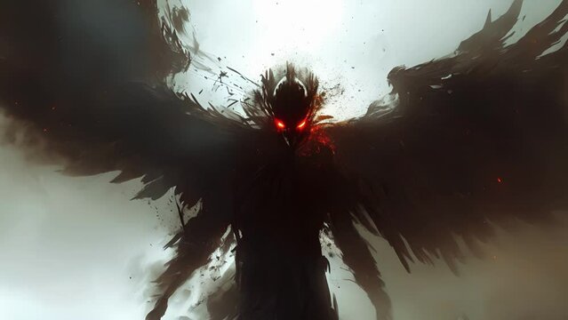 A shadowy seraph with glowing red eyes its wings made of rusted metal and its halo flickering in and out of existence.
