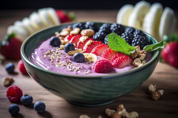 Preparing vegan smoothie in bowl with fresh raw berries closeup. Blueberries strawberries and raspberries blend seamlessly with plant-based ingredients