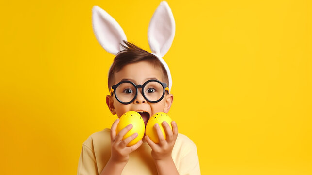 Naklejki funny happy child boy with easter eggs and bunny ears on yellow background 