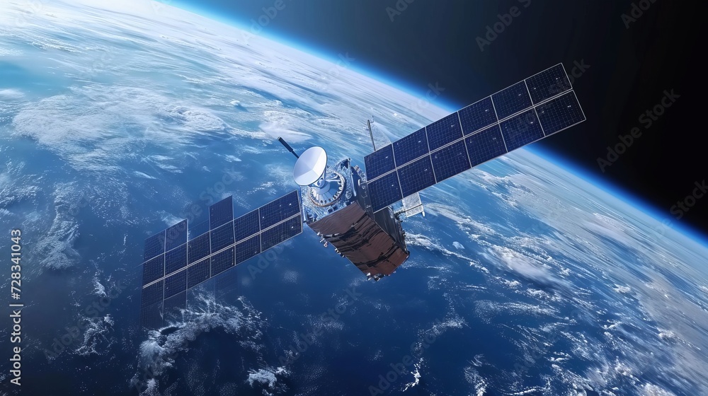 Poster futuristic telecom satellite with data hologram for internet and gps services orbiting earth