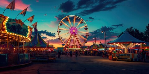 A lively carnival at dusk, Ferris wheel lights against the twilight sky, happy faces of families enjoying rides and games. Resplendent. - obrazy, fototapety, plakaty