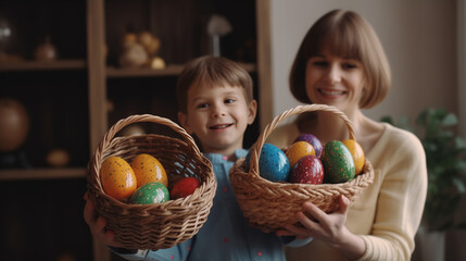 Fototapeta premium Sweet family portrait of happy mother and little son holding wicker basket full of painted multi-colored Easter eggs, tenderly embracing and smiling in cozy light kitchen at home, selective focus 
