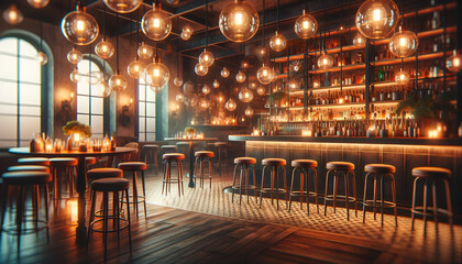 Abstract bar background with shimmering bokeh effect.
Generative AI.