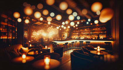 Golden bokeh lights in a cozy bar backdrop.
Generative AI. - obrazy, fototapety, plakaty