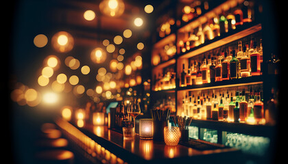 Golden bokeh lights in a cozy bar backdrop.
Generative AI. - obrazy, fototapety, plakaty