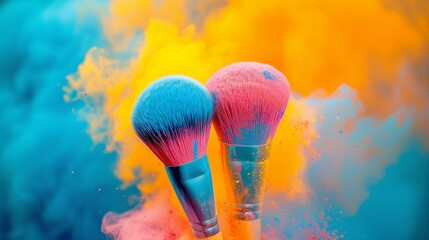 Colorful makeup brush with powder explosion, beauty splash and close up of cosmetic product burst - obrazy, fototapety, plakaty