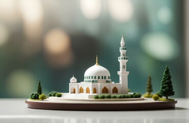 Miniature modern mosque with green trees. 3d illustration