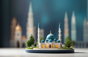 Miniature minimalist mosque with green trees and bokeh background