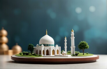 miniature of mosque with green trees and bokeh background