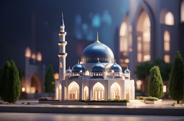 Miniature white minimalist mosque with green trees and bokeh background