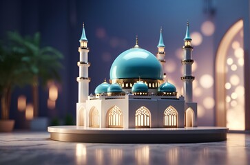 Miniature white minimalist mosque with green trees and bokeh background