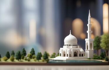 miniature white mosque with green trees and bokeh background