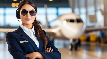 Confident female airline pilot in sunglasses, ready to captain corporate flight at airport