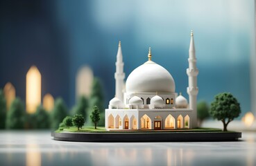 miniature luxury mosque with green trees and bokeh background