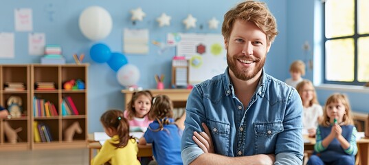 Smiling male teacher in classroom with elementary school students learning in background