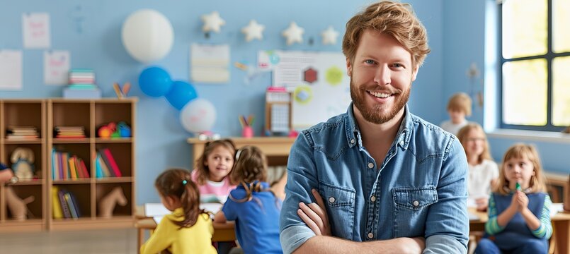 Smiling male teacher in classroom with elementary school students learning in background