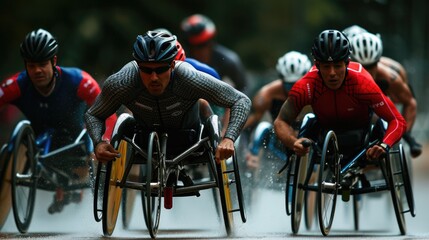 Wheelchair racing. Physically impaired male athlete in helmet training