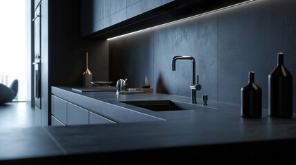 Stylish and modern deep black kitchen has an industrial feel and sophisticated style