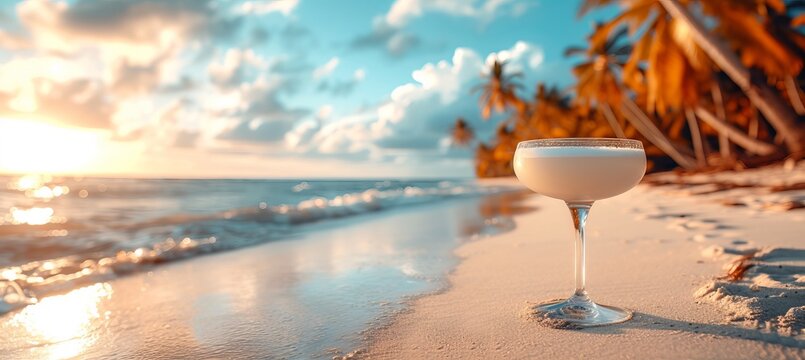 Refreshing daiquiri cocktail in tropical setting with blurred beach background and copy space