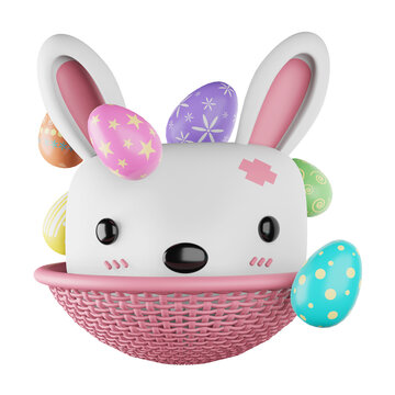 3d rendering icon easter face cute rabbit and colorful eggs in pink basket