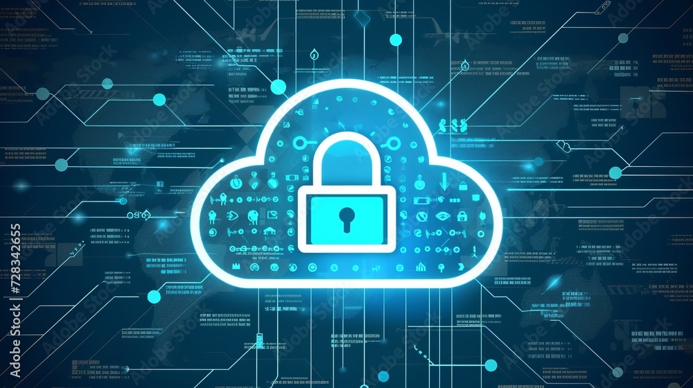 Poster dynamic and dramatic cloud security network with digital shield protection and copy space