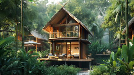 a bamboo house with an eco-friendly design and a peaceful, natural setting. 