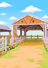 Farmyard Outside Scenery. Wooden barn farm house, green rural farm, blue sky on background. Children's book illustration in cartoon style.