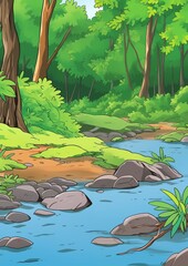 Landscape with Forest River. Children's book illustration in cartoon style.