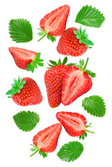 flying Sliced strawberry with green leaves isolated on white background. clipping path