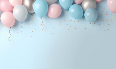 Blue and pink balloons floating in blue pastel background room studio. Valentive concept. Generative Ai