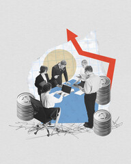 Contemporary art collage. Office workers works in team and discussing how they can to developing their products and make success. Concept of business development, marketing, strategy planning. Ad