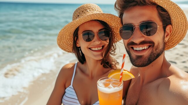 Romantic couple sipping mojito on paradise beach during sunny summer day with copy space