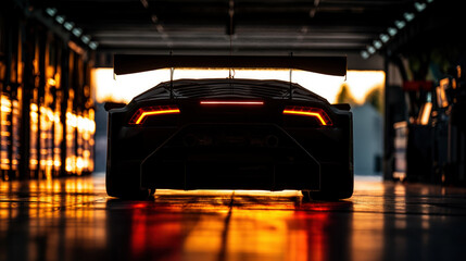 Silhouette of generic sports car in dark garage, back view, pit lane setting, dramatic, cinematic...