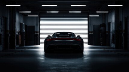 Silhouette of generic sports car in dark garage, back view, pit lane setting, dramatic, cinematic...