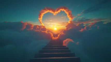 Foto op Canvas Stairway to Heaven, stairs leading to sky, sun and clouds heart-shaped, religious concept, sunrise © bluebeat76