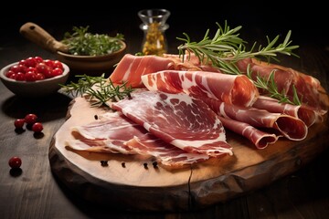 Elegantly presented, thinly sliced jamon on a rustic board, showcasing succulent texture and rich, savory hues.