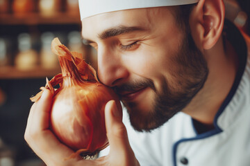 Photo of attractive male cook with love to food onion - 728344883