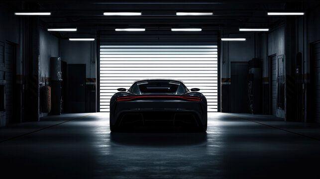 Silhouette of generic sports car in dark garage, back view, pit lane setting, dramatic, cinematic lighting