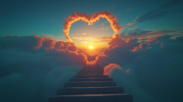 Stairway to Heaven, stairs leading to sky, sun and clouds heart-shaped, religious concept, sunrise