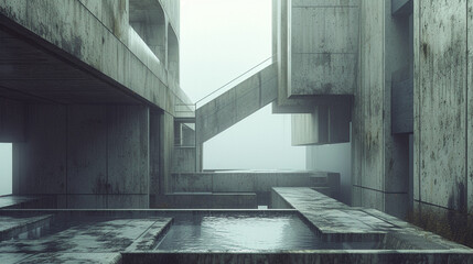 a brutalist structure with raw concrete surfaces and a bold, imposing presence. 