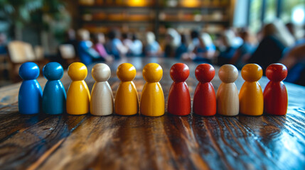 Colorful wooden figures on the wooden background, a concept of human integration, collaborative activism, human connections