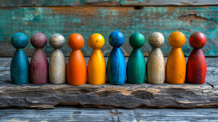 Colorful wooden figures on the wooden background, a concept of human integration, collaborative activism, human connections