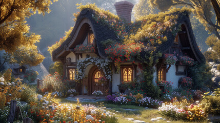 a cozy cottage with a thatched roof, flower boxes, and a quaint, fairy-tale charm. 