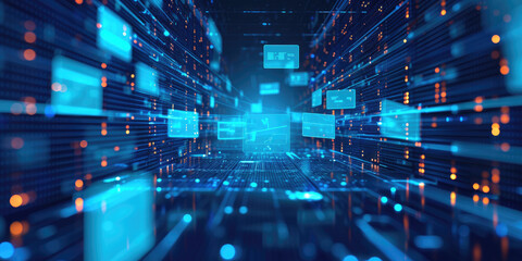 Abstract network grid with files and folders, futuristic software interface, digital document management system, store, search and organize documents, corporate business, paperless office