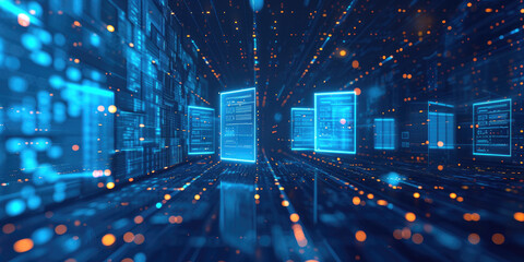 Abstract network grid with files and folders, futuristic software interface, digital document management system, store, search and organize documents, corporate business, paperless office