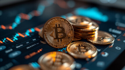 Golden Bitcoins stacked on a digital tablet displaying a dynamic financial chart, illustrating cryptocurrency growth.