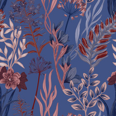 Seamless floral pattern with bright colorful flowers and leaves. Elegant template for fashion prints. Modern floral background. Fashionable folk style.