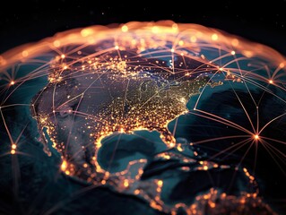 A globe where every continent, island, and landmass is intricately connected by shimmering copper lines