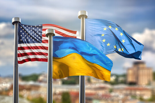 Flags of United states of America, Ukraine and European Union ag
